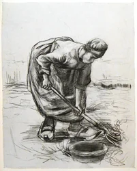 Paysanne, creusant des pommes de terre, avec panier